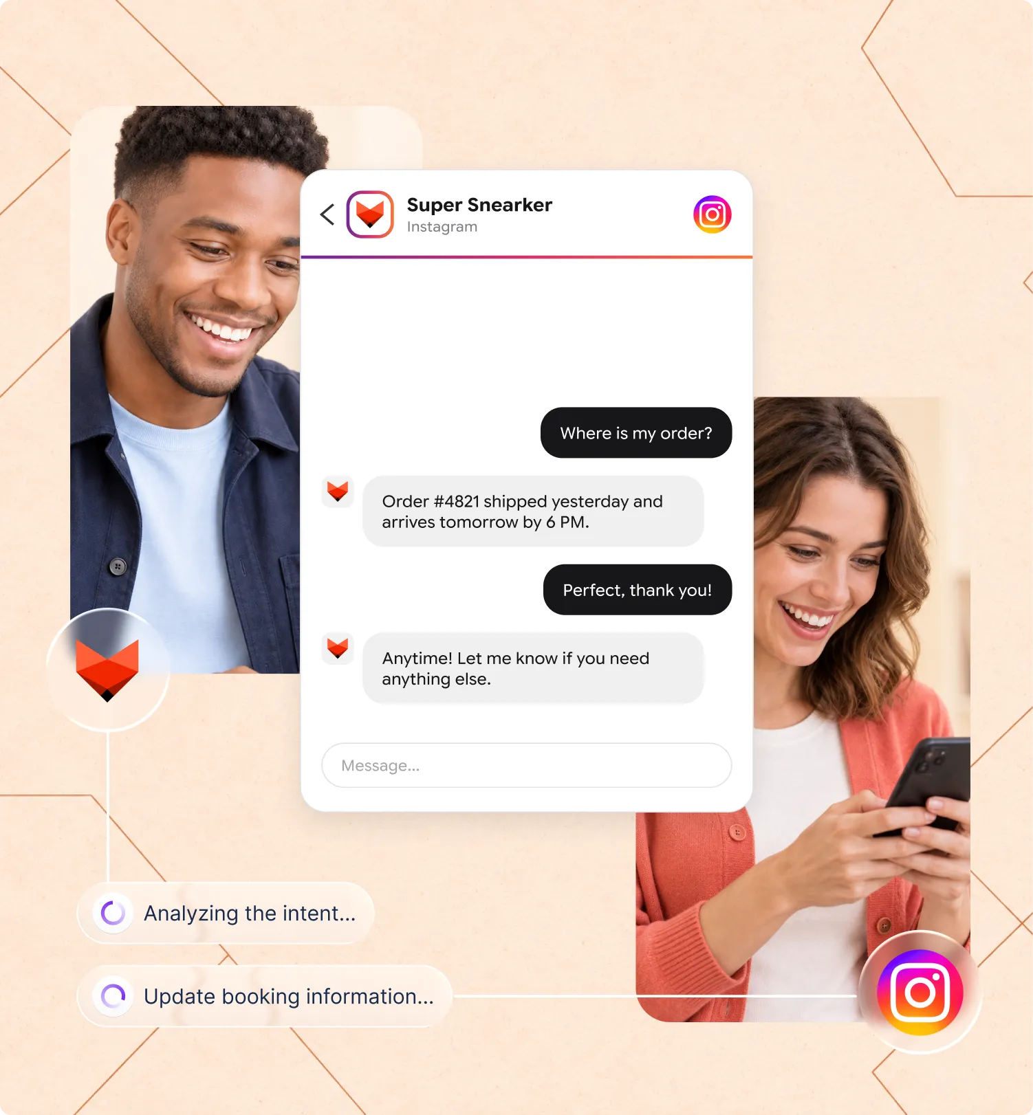 An Instagram direct message answered by the Fellix AI agent with a product recommendation